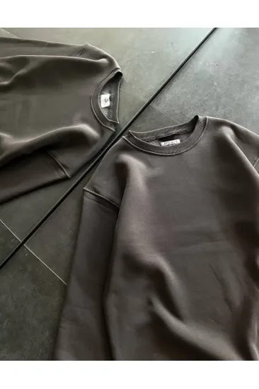Kadın Bisiklet Yaka 3 İplik Pamuklu Basic SweatShirt - Füme