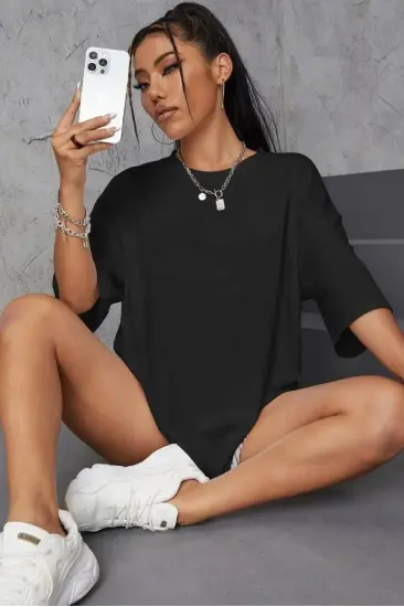 Kadın Baskılı Oversize kısa kol T-Shirt - Siyah Kadın Baskılı Oversize kısa kol T-Shirt - Siyah