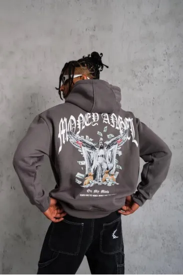 Erkek 3 İplik Pamuklu Baskılı Kapüşonlu Cepli Sweatshirt Hoodie - Füme Erkek 3 İplik Pamuklu Baskılı Kapüşonlu Cepli Sweatshirt Hoodie - Füme