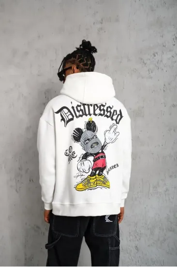 Erkek 3 İplik Pamuklu Kapüşonlu Baskılı Cepli Oversize Sweatshirt Hoodie - Beyaz Erkek 3 İplik Pamuklu Kapüşonlu Baskılı Cepli Oversize Sweatshirt Hoodie - Beyaz
