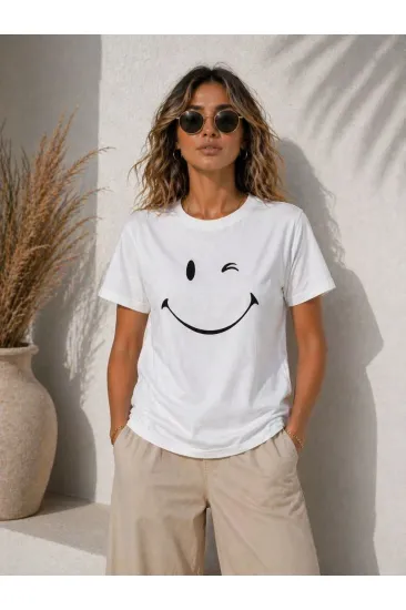 Kadın Minimal Gülümseyen Yüz Baskılı Tişört Kısa Kol Yazlık T-Shirt - Beyaz