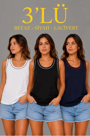 Kadın 3’lü Kolsuz Sporcu Atlet Seti Yazlık Bisiklet Yakalı - Siyah, Lacivert, Beyaz Kadın 3’lü Kolsuz Sporcu Atlet Seti Yazlık Bisiklet Yakalı - Siyah, Lacivert, Beyaz
