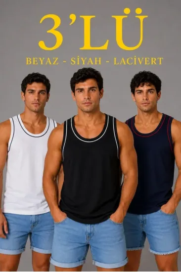 Erkek 3’lü Kolsuz Sporcu Atlet Seti Yazlık Bisiklet Yakalı - Siyah, Lacivert, Beyaz Erkek 3’lü Kolsuz Sporcu Atlet Seti Yazlık Bisiklet Yakalı - Siyah, Lacivert, Beyaz