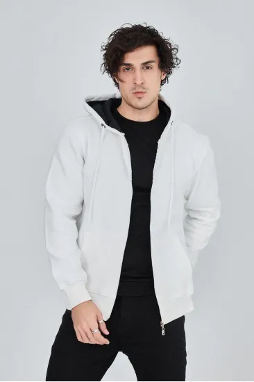 Erkek 3 İplik Pamuklu Fermuarlı Kapüşonlu Kanguru Cepli Hoodie Hırka Sweatshirt - Beyaz