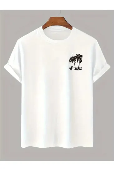 Erkek Kısa Kol Yazlık Tişört Bisiklet Yaka Palmiye Baskılı T-Shirt - Beyaz Erkek Kısa Kol Yazlık Tişört Bisiklet Yaka Palmiye Baskılı T-Shirt - Beyaz