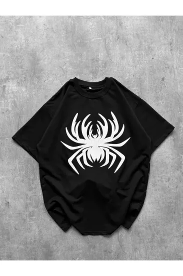 Erkek Örümcek Baskılı Tişört Kısa Kollu Bisiklet Yaka T-Shirt - Siyah