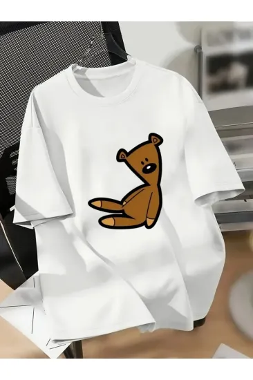 Kadın Tişört Bisiklet yaka Ayı Baskılı yazlık Kısa Kol T-shirt - Beyaz Kadın Tişört Bisiklet yaka Ayı Baskılı yazlık Kısa Kol T-shirt - Beyaz