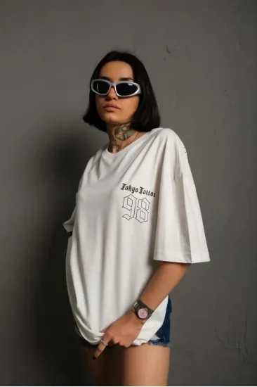 kadın Bisiklet Yaka Baskılı Oversize Kısa kol T-Shirt - Beyaz kadın Bisiklet Yaka Baskılı Oversize Kısa kol T-Shirt - Beyaz