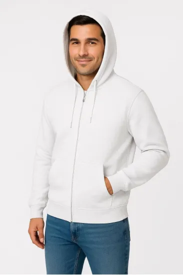 Erkek 3 İplik Pamuklu Kapüşonlu Tam Fermuarlı Cepli Hoodie Sweatshirt - Beyaz Erkek 3 İplik Pamuklu Kapüşonlu Tam Fermuarlı Cepli Hoodie Sweatshirt - Beyaz