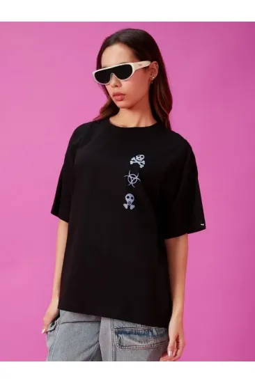Kadın Kısa Kol Yazlık Tişört Bisiklet Yaka Baskılı Oversize T-Shirt - Siyah Kadın Kısa Kol Yazlık Tişört Bisiklet Yaka Baskılı Oversize T-Shirt - Siyah