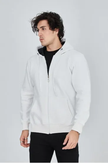 Erkek 3 İplik Pamuklu Fermuarlı Kapüşonlu Kanguru Cepli Hoodie Hırka Sweatshirt - Beyaz