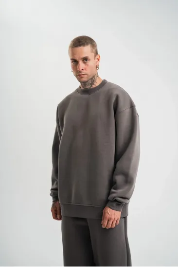 Erkek Uzun Kol Bisiklet Yaka 3 iplik Pamuklu Kışlık SweatShirt - Füme Erkek Uzun Kol Bisiklet Yaka 3 iplik Pamuklu Kışlık SweatShirt - Füme