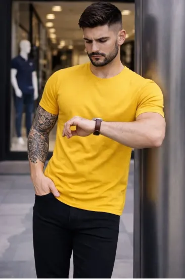 Erkek Body Tişört Bisiklet Yaka Slim Fit Likralı T-Shirt - Sarı Erkek Body Tişört Bisiklet Yaka Slim Fit Likralı T-Shirt - Sarı