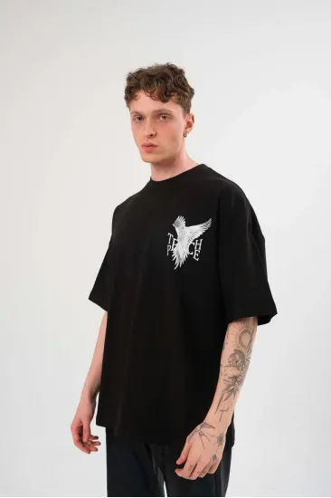 Erkek Kısa Kol Yazlık Tişört Bisiklet Yaka Baskılı Oversize T-Shirt - Siyah Erkek Kısa Kol Yazlık Tişört Bisiklet Yaka Baskılı Oversize T-Shirt - Siyah