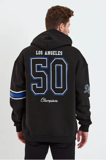 Erkek 3 İplik Pamuklu Kapüşonlu Baskılı Cepli Oversize Sweatshirt Hoodie - Siyah Erkek 3 İplik Pamuklu Kapüşonlu Baskılı Cepli Oversize Sweatshirt Hoodie - Siyah