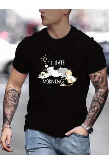 Erkek Baskılı T-Shirt Kısa Kol Bisiklet Yaka Regular Fit Rahat Kalıp Günlük Tişört - Siyah Erkek Baskılı T-Shirt Kısa Kol Bisiklet Yaka Regular Fit Rahat Kalıp Günlük Tişört - Siyah