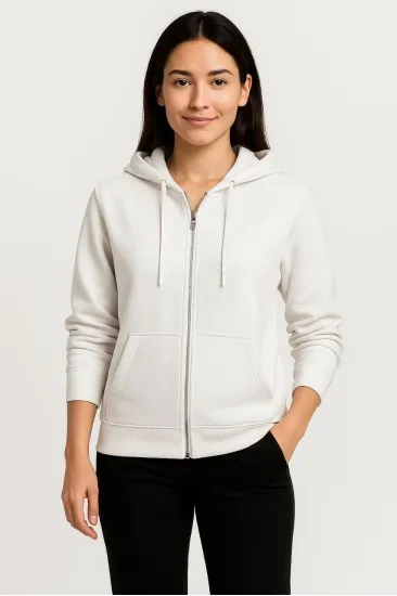 Kadın 3 İplik Kapüşonlu Tam Fermuarlı Kanguru Cepli Sweatshirt Hoodie - Beyaz Kadın 3 İplik Kapüşonlu Tam Fermuarlı Kanguru Cepli Sweatshirt Hoodie - Beyaz