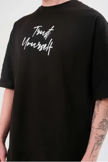 Erkek Kısa Kol Yazlık Tişört Bisiklet Yaka Baskılı Oversize T-Shirt -  Siyah