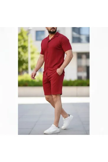 Erkek Waffle Kumaş Kısa Kol Gömlek Şort Takım Regular Yazlık İkili Set - Bordo Erkek Waffle Kumaş Kısa Kol Gömlek Şort Takım Regular Yazlık İkili Set - Bordo