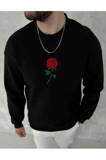 ERKEK 3 iplik Pamuklu Bisiklet Yaka Ön Ve Arka Baskılı SweatShirt - Siyah