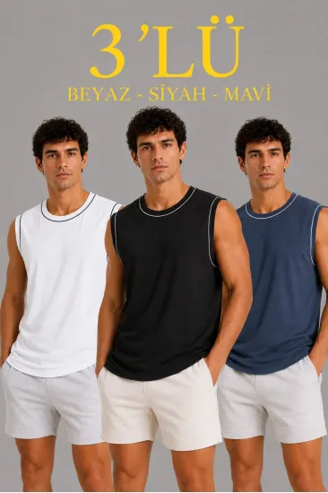 Erkek 3’lü Kolsuz Sporcu Atlet Seti Yazlık Bisiklet Yaka - Siyah, Beyaz, İndigo Erkek 3’lü Kolsuz Sporcu Atlet Seti Yazlık Bisiklet Yaka - Siyah, Beyaz, İndigo