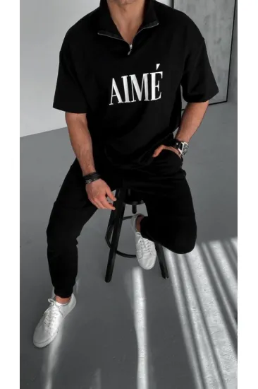 ERKEK Tişört Yakalı Yarım Fermuarlı  Kısa Kol Baskılı T-Shirt - Siyah
