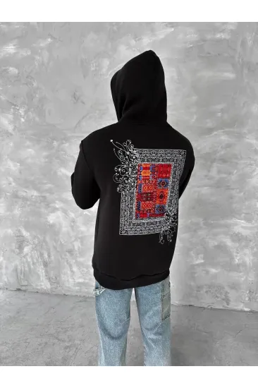 Erkek Kapüşonlu Kanguru Cepli Sweatshirt 3 İplik Pamuklu Baskılı Hoodie - Siyah Erkek Kapüşonlu Kanguru Cepli Sweatshirt 3 İplik Pamuklu Baskılı Hoodie - Siyah