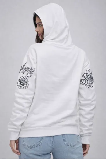 Kadın 3 İplik Pamuklu Kapüşonlu Baskılı SweatShirt hoodie - Beyaz Kadın 3 İplik Pamuklu Kapüşonlu Baskılı SweatShirt hoodie - Beyaz