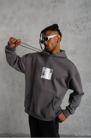 Erkek 3 İplik Pamuklu Kapüşonlu Baskılı Cepli Oversize Sweatshirt Hoodie - Gri Erkek 3 İplik Pamuklu Kapüşonlu Baskılı Cepli Oversize Sweatshirt Hoodie - Gri