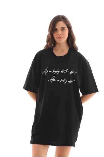 Kadın Kısa Kol Yazlık Tişört Bisiklet Yaka Baskılı Oversize T-Shirt - Siyah Kadın Kısa Kol Yazlık Tişört Bisiklet Yaka Baskılı Oversize T-Shirt - Siyah