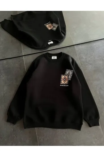 Kadın Bisiklet Yaka Kilim Halı Baskılı 3 İplik Pamuklu Sweatshirt - Siyah Kadın Bisiklet Yaka Kilim Halı Baskılı 3 İplik Pamuklu Sweatshirt - Siyah