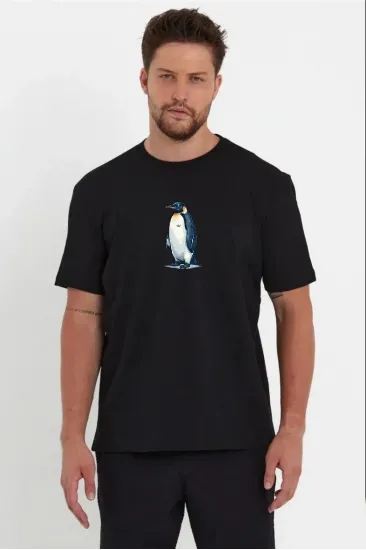 Erkek T-Shirt Penguen Baskılı Bisiklet Yaka Kısa kol yazlık Tişört - Siyah Erkek T-Shirt Penguen Baskılı Bisiklet Yaka Kısa kol yazlık Tişört - Siyah