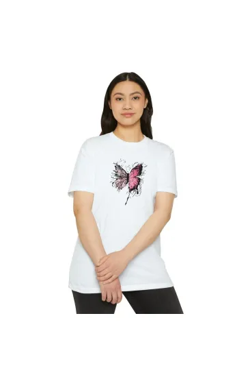 Kadın Bisiklet Yaka kelebek Baskılı Kısa kol T-Shirt - Beyaz Kadın Bisiklet Yaka kelebek Baskılı Kısa kol T-Shirt - Beyaz