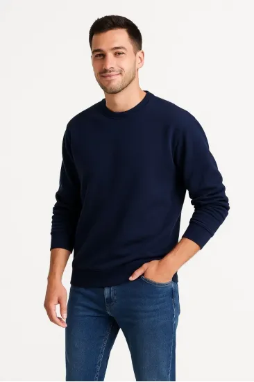 Erkek 3 İplik Pamuklu Düz Bisiklet Yaka SweatShirt - Lacivert Erkek 3 İplik Pamuklu Düz Bisiklet Yaka SweatShirt - Lacivert