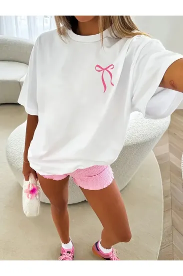 Kadın Tişört fiyonk baskılı Bisiklet yaka yazlık Kısa Kol oversize t-shirt - Beyaz Kadın Tişört fiyonk baskılı Bisiklet yaka yazlık Kısa Kol oversize t-shirt - Beyaz