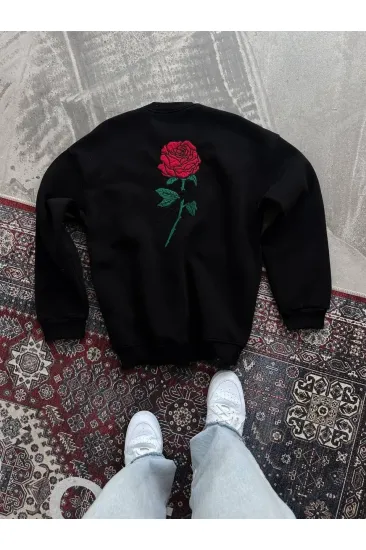 Kadın Oversize Kapüşonlu Cepli GÜL Baskılı 3 İplik Pamuklu Hoodie Sweatshirt - Siyah Kadın Oversize Kapüşonlu Cepli GÜL Baskılı 3 İplik Pamuklu Hoodie Sweatshirt - Siyah
