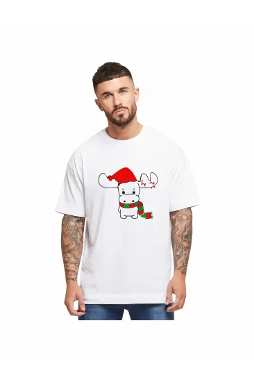 Yılbaşı Noel Ren Geyiği Baskılı Kısa Kollu Oversize Bisiklet Yaka T-shirt - Beyaz Yılbaşı Noel Ren Geyiği Baskılı Kısa Kollu Oversize Bisiklet Yaka T-shirt - Beyaz