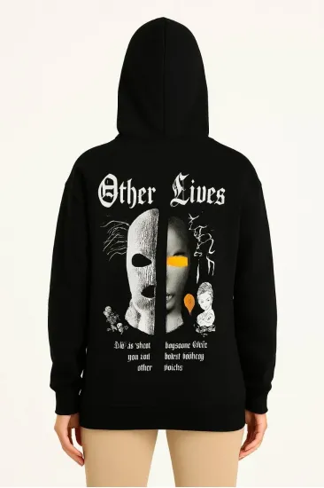 Kadın Kapüşonlu Kanguru Cepli Sweatshirt 3 İplik Pamuklu Baskılı Hoodie - Siyah Kadın Kapüşonlu Kanguru Cepli Sweatshirt 3 İplik Pamuklu Baskılı Hoodie - Siyah