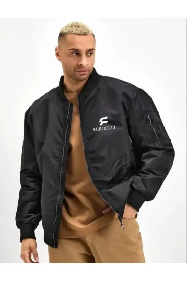 Erkek Siyah Bomber Mont Fergolli Logo Baskılı Fermuarlı Cepli Kapitone Astarlı - Siyah Erkek Siyah Bomber Mont Fergolli Logo Baskılı Fermuarlı Cepli Kapitone Astarlı - Siyah