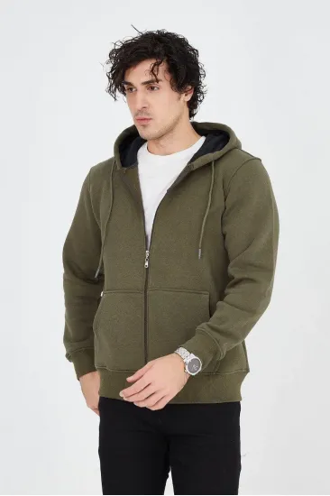 Erkek 3 İplik Pamuklu Fermuarlı Kapüşonlu Kanguru Cepli Hoodie Hırka Sweatshirt - Yeşil Erkek 3 İplik Pamuklu Fermuarlı Kapüşonlu Kanguru Cepli Hoodie Hırka Sweatshirt - Yeşil
