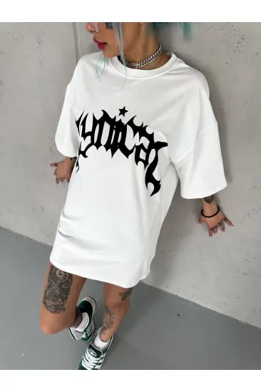 kadın Bisiklet Yaka Baskılı Oversize Kısa kol T-Shirt - Beyaz kadın Bisiklet Yaka Baskılı Oversize Kısa kol T-Shirt - Beyaz