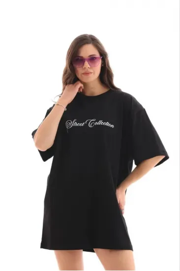 Kadın Kısa Kol Yazlık Tişört Bisiklet Yaka Baskılı Oversize T-Shirt - Siyah Kadın Kısa Kol Yazlık Tişört Bisiklet Yaka Baskılı Oversize T-Shirt - Siyah