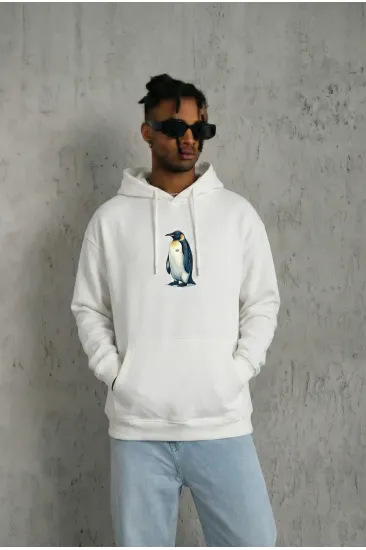 Erkek Survivor Penguin Baskılı 3 İplik Pamuklu Kapüşonlu Sweatshirt Hoodie Beyaz Erkek Survivor Penguin Baskılı 3 İplik Pamuklu Kapüşonlu Sweatshirt Hoodie Beyaz