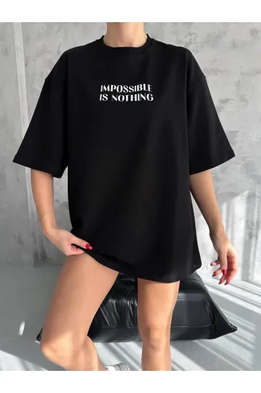 kadın Bisiklet Yaka Baskılı Oversize Kısa kol T-Shirt - Siyah kadın Bisiklet Yaka Baskılı Oversize Kısa kol T-Shirt - Siyah