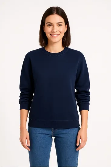 Kadın 3 İplik Pamuklu Düz Bisiklet Yaka SweatShirt - Lacivert Kadın 3 İplik Pamuklu Düz Bisiklet Yaka SweatShirt - Lacivert