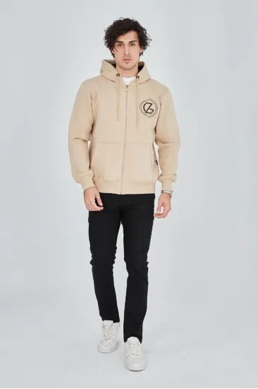Erkek 3 İplik Pamuklu Fermuarlı Kapüşonlu Kanguru Cepli Baskılı Hoodie Hırka Sweatshirt - Bej Erkek 3 İplik Pamuklu Fermuarlı Kapüşonlu Kanguru Cepli Baskılı Hoodie Hırka Sweatshirt - Bej