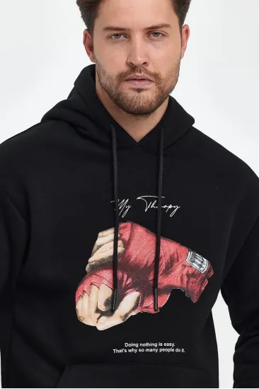 Erkek 3 İplik Pamuklu Kapüşonlu Cepli Boxy Eldiven Baskılı Hoodie Sweatshirt - Siyah Erkek 3 İplik Pamuklu Kapüşonlu Cepli Boxy Eldiven Baskılı Hoodie Sweatshirt - Siyah