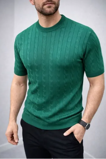 Erkek Yazlık Triko Dokuma Tişört Kısa Kol Bisiklet Yaka Örgü Desenli T-Shirt - Haki Erkek Yazlık Triko Dokuma Tişört Kısa Kol Bisiklet Yaka Örgü Desenli T-Shirt - Haki