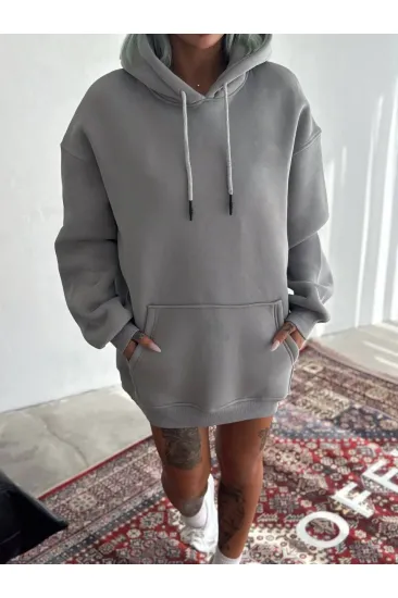 Kadın Kapüşonlu Kanguru Cepli 3 İplik Pamuklu Oversize Hoodie Sweatshirt - Boyalı Gri Kadın Kapüşonlu Kanguru Cepli 3 İplik Pamuklu Oversize Hoodie Sweatshirt - Boyalı Gri