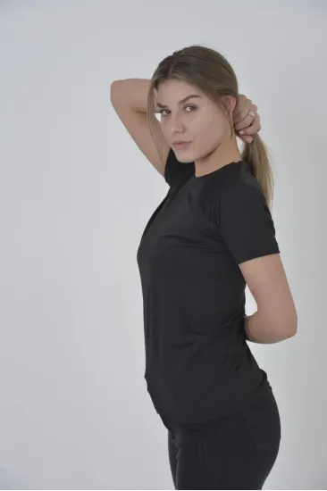 Kadın Omuz Fileli T-Shirt Kısa Kol Bisiklet Yaka Slimfit Tişört - Siyah Kadın Omuz Fileli T-Shirt Kısa Kol Bisiklet Yaka Slimfit Tişört - Siyah